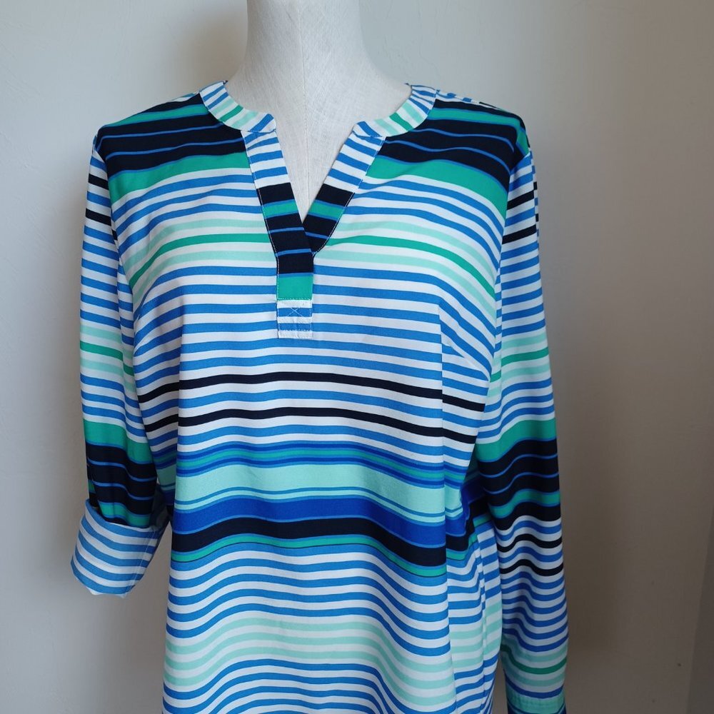 Talbots Blouse Stripe Roll Tab Sleeve Tunic Length Size Large - Picture 5 of 16